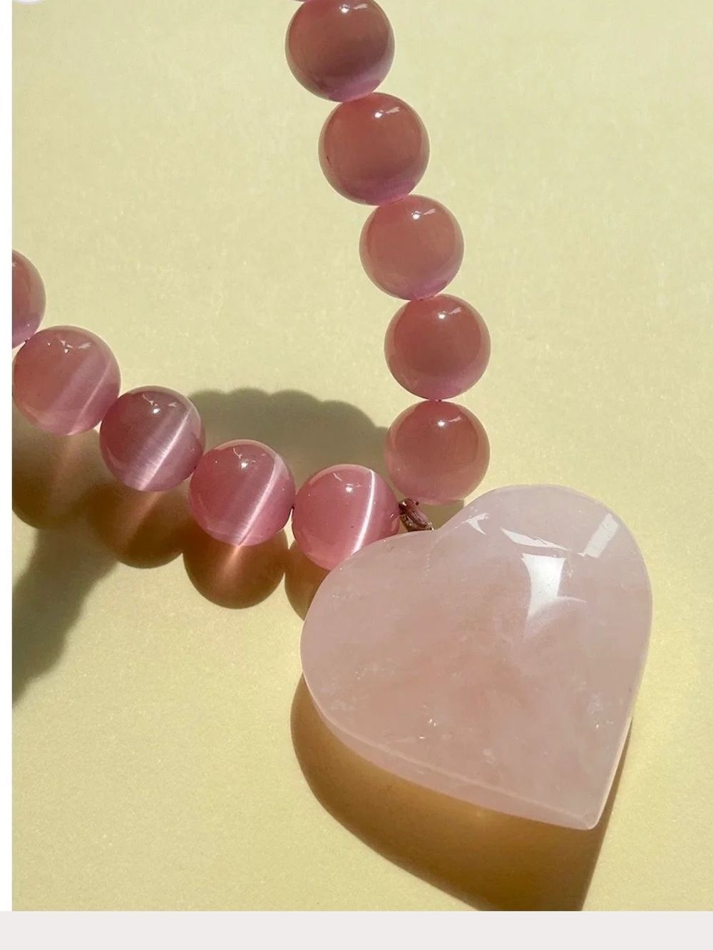 Rose Pink Cat's Eye Stones, Quartz Heart Pendant Necklace